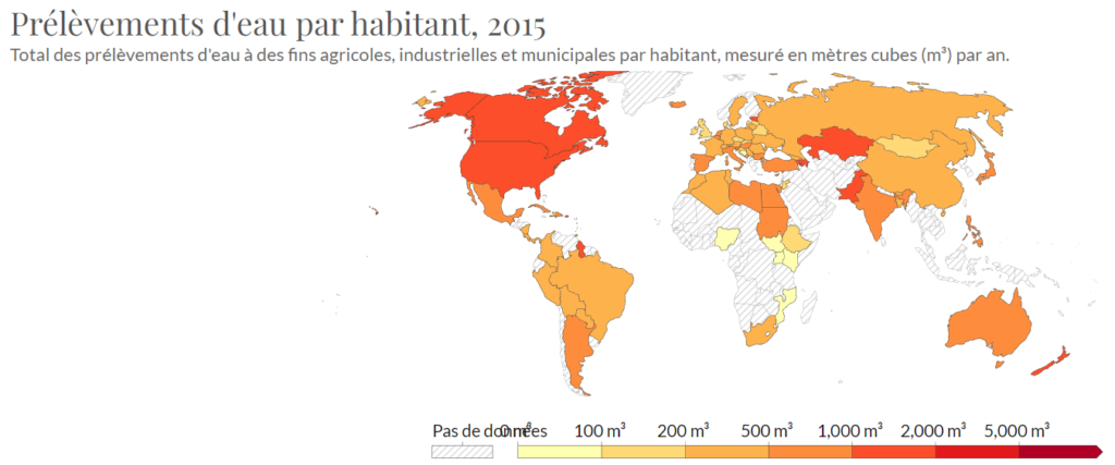 Prélèvements d'eau par habitant, 2015