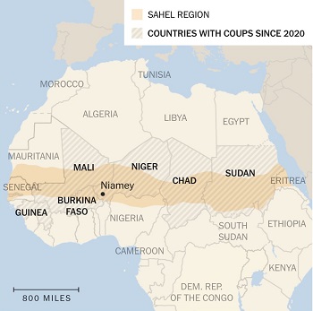  Sahel- Pays où ont eu lieu des coups d'état depuis 2020.