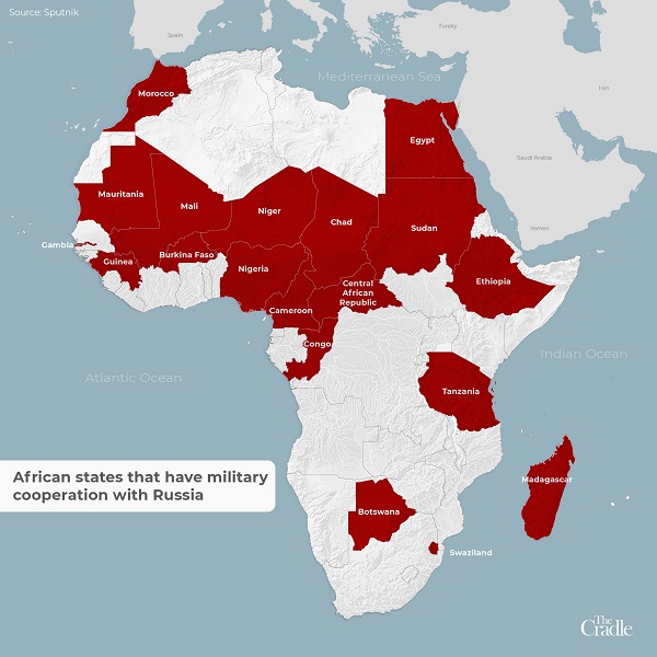 Carte des Etats africains ayant une coopération militaire avec la Russie.