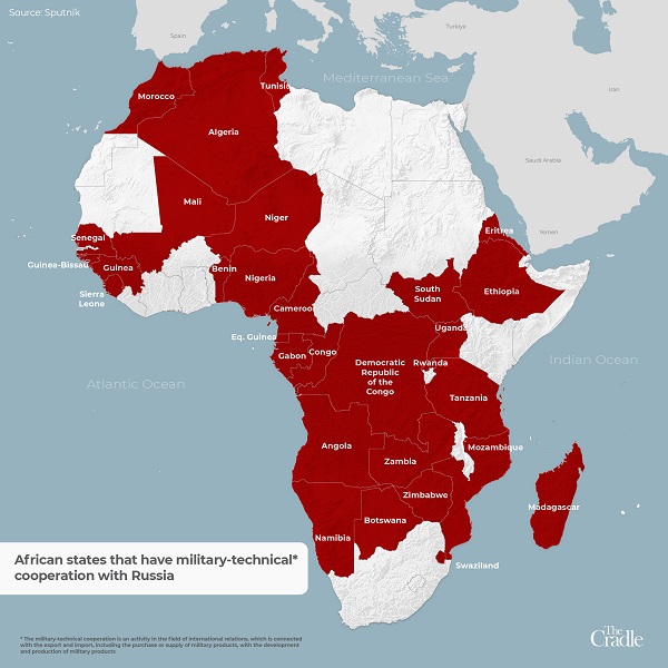 Carte des Etats africains ayant une coopération militaro-technique avec la Russie.