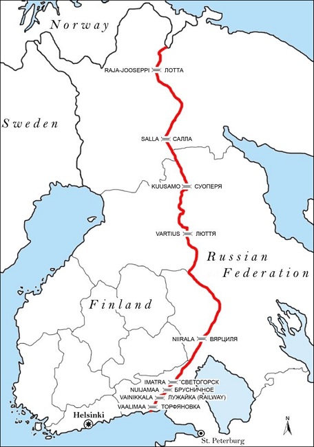 La frontière finno-russe, avec les points de passage officiels.
