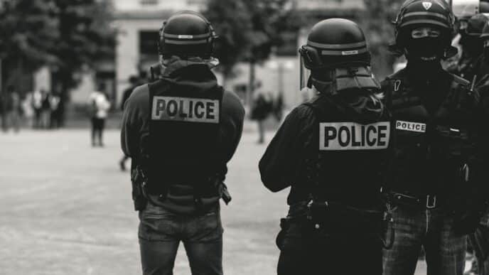group of police grayscale photo