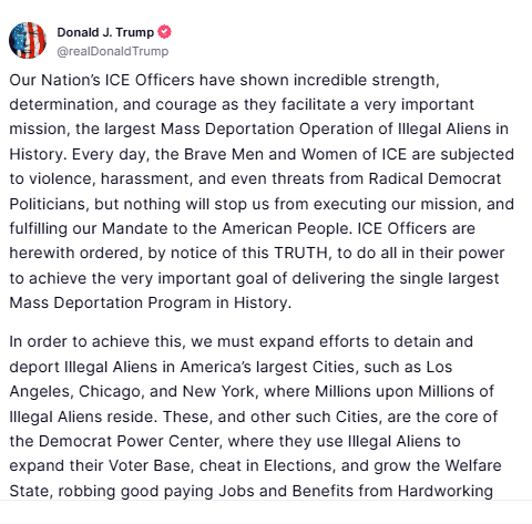 Déclaration de Trump concernant l'immigration sur truthsocial