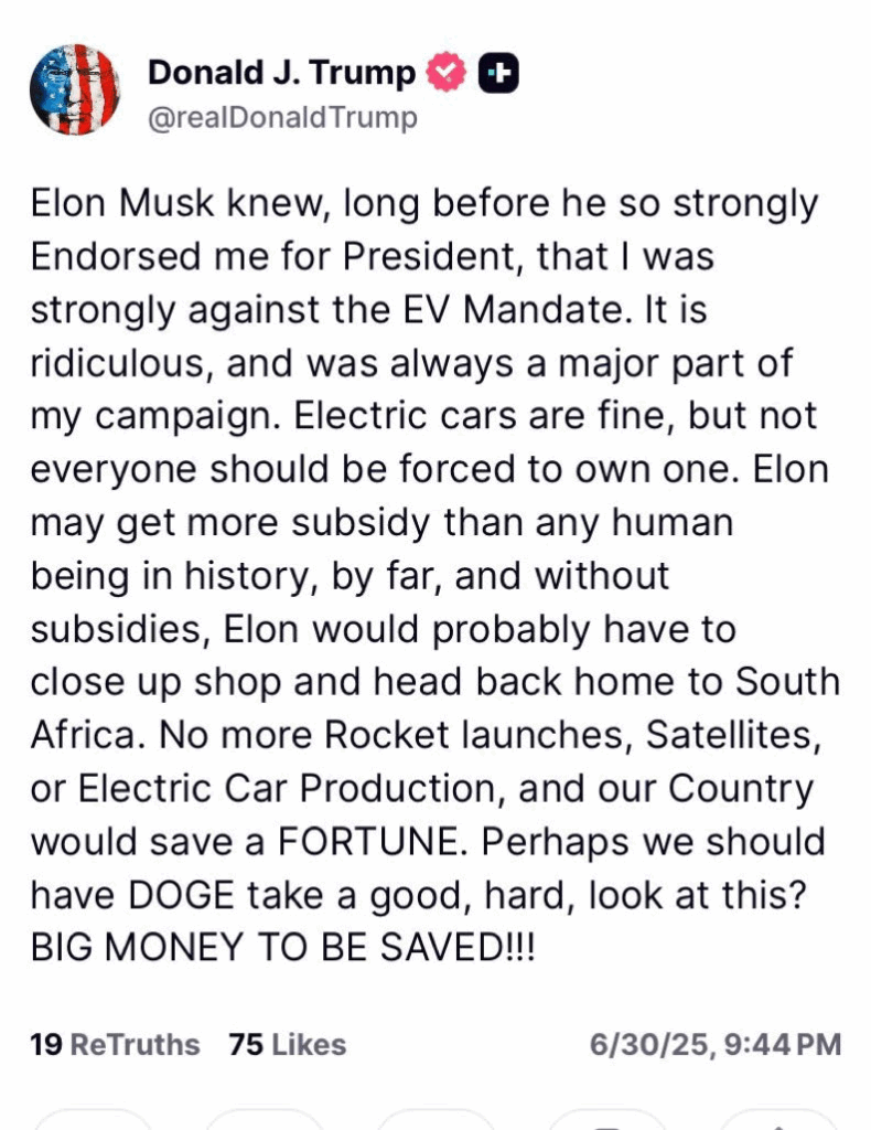Le président menace carrément d'auditer les affaires de Musk avec DOGE, et couper toutes ses subventions.
