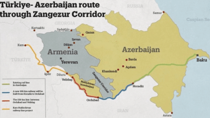 Carte géopolitique du Caucase et de l’Asie centrale montrant le corridor TRIPP, les frontières d’Arménie, Azerbaïdjan, Turquie et la zone d’influence russe
