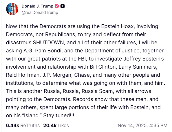 Trump réagit à son apparition dans les nouveaux courriels d'Epstein en demandant au ministère de la Justice d'enquêter sur Clinton, Larry Summers et Reid Hoffman.jpeg