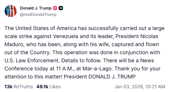 Les États-Unis lancent des frappes contre le Venezuela, capturent le président Maduro et l'inculpent de trafic de drogue.