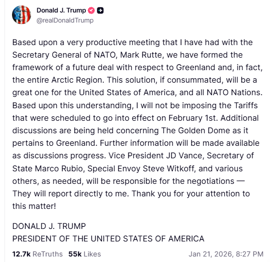 Trump et le chef de l'OTAN annoncent un cadre d'accord sur le Groenland à Davos
